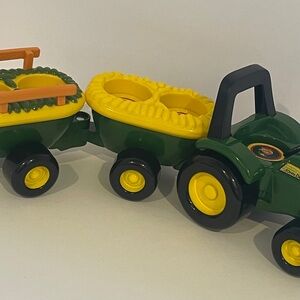 John Deere Green and Yellow Toy Tractor with Dual Trailers